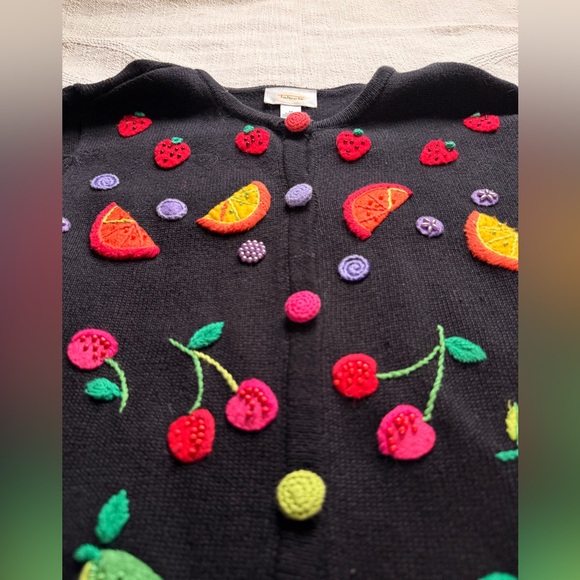 Vintage Rare Talbots Cardigan with Whimsical Fruit Embroidery Playful Buttons - Picture 5 of 7